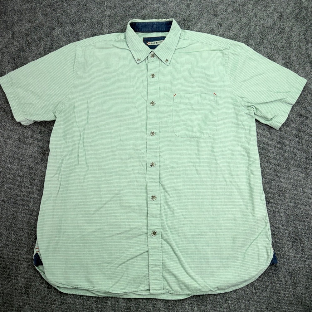 32 Bar Blues Shirt Mens Large Light Green Striped Cotton Linen Blend Button Down